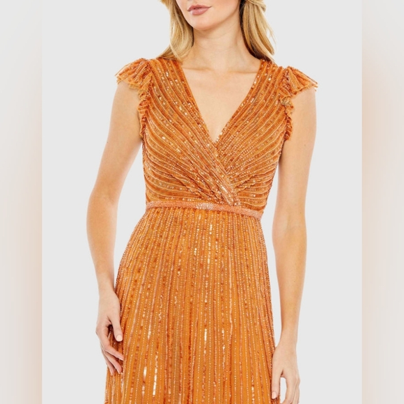 Mac DuggalSequined Wrap Over Cap Sleeve Ruffle Hem Dress - Picture 2 of 10